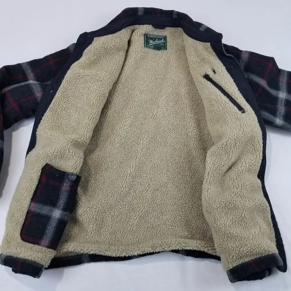 Woolrich Jacket Mens Large Slate Plaid Wool Sherpa Lined Button Front 16095